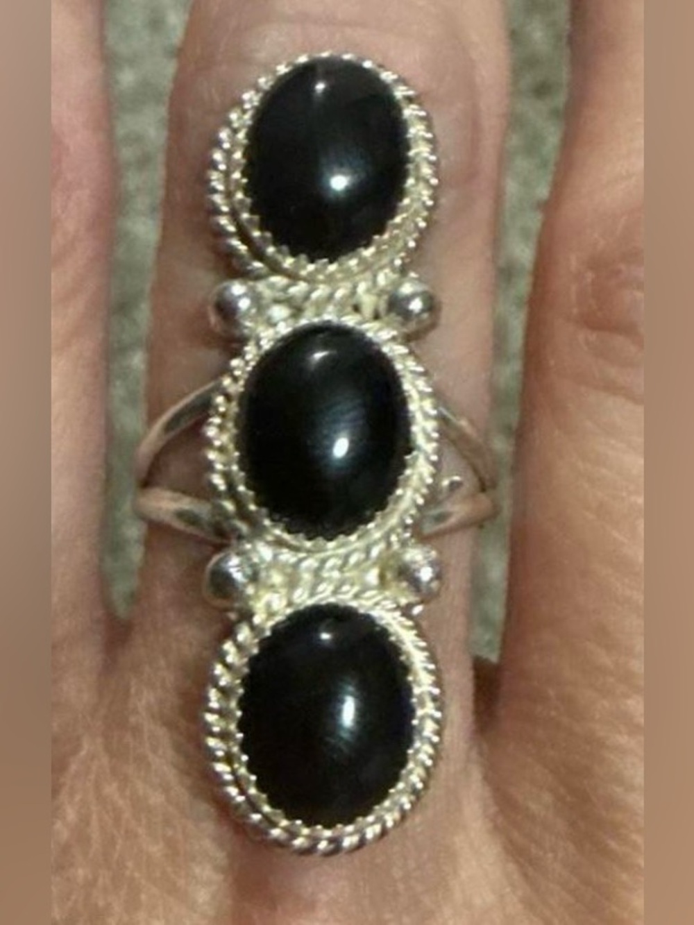 Native Sterling Silver Triple Black Onyx Statement Ring